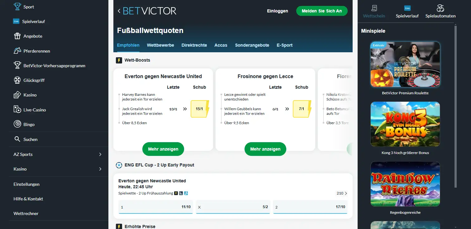 Laufende Fußballmärkte mit Begegnungen und Quoten im Sportwettenbereich von BetVictor