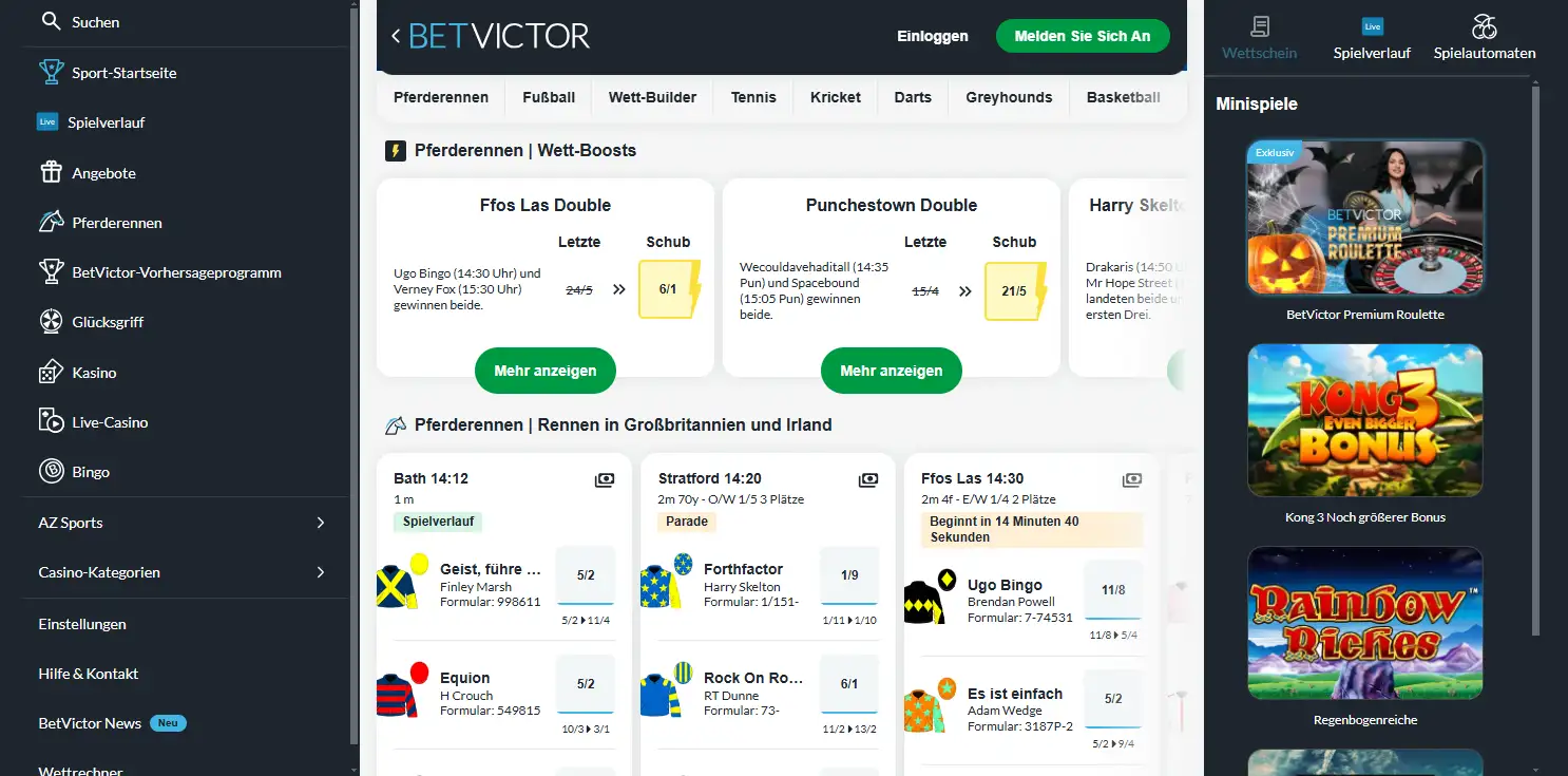 Sportmärkte und Sportarten im geöffneten Wettprogramm von BetVictor