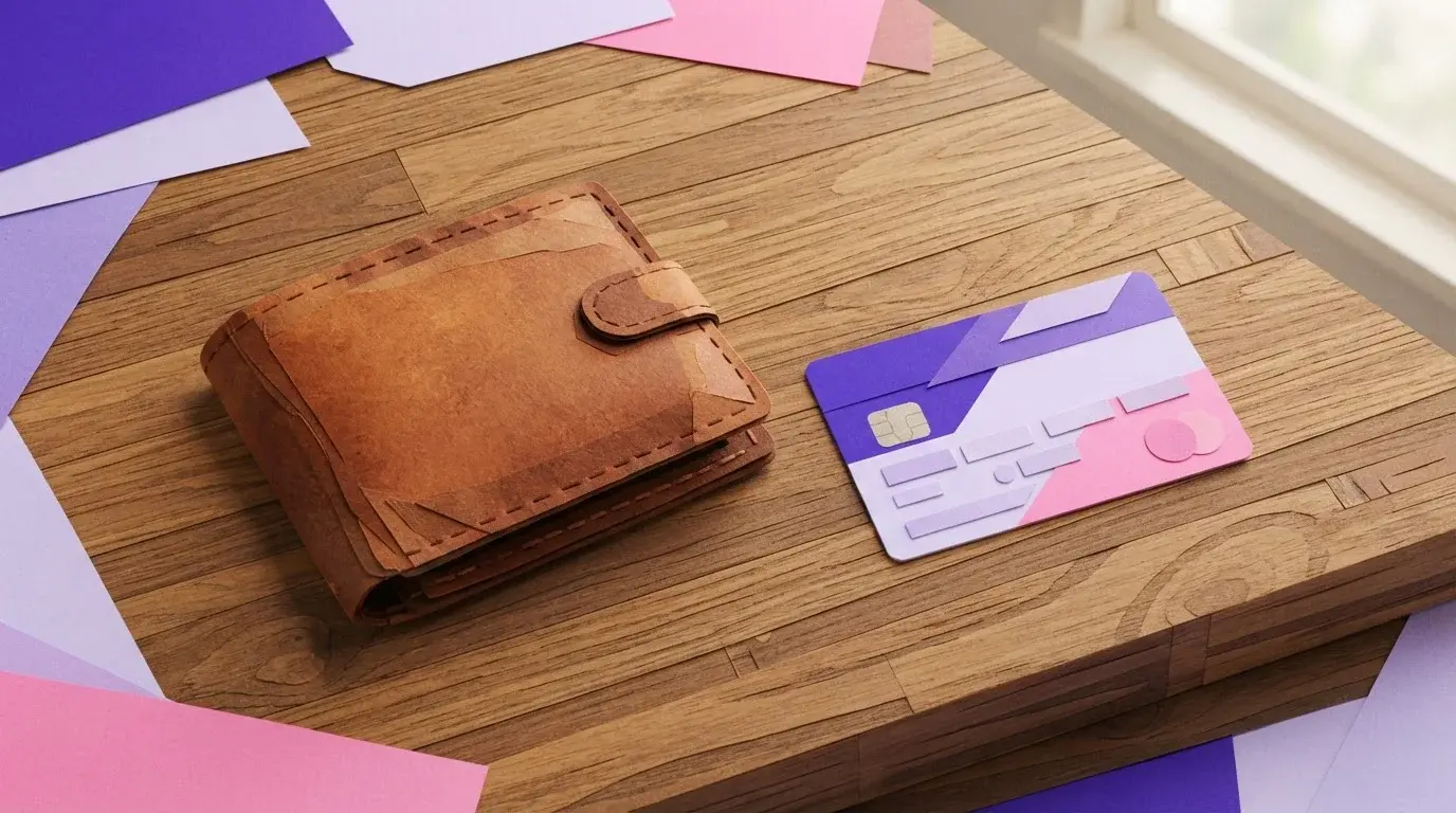 Bankkarte neben braunem Lederportemonnaie auf einem Tisch