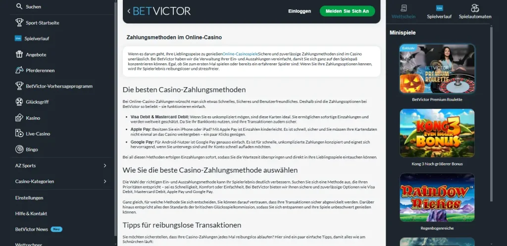 Zahlungsverfahren und Zahlungsmittel auf einer Informationsseite von BetVictor