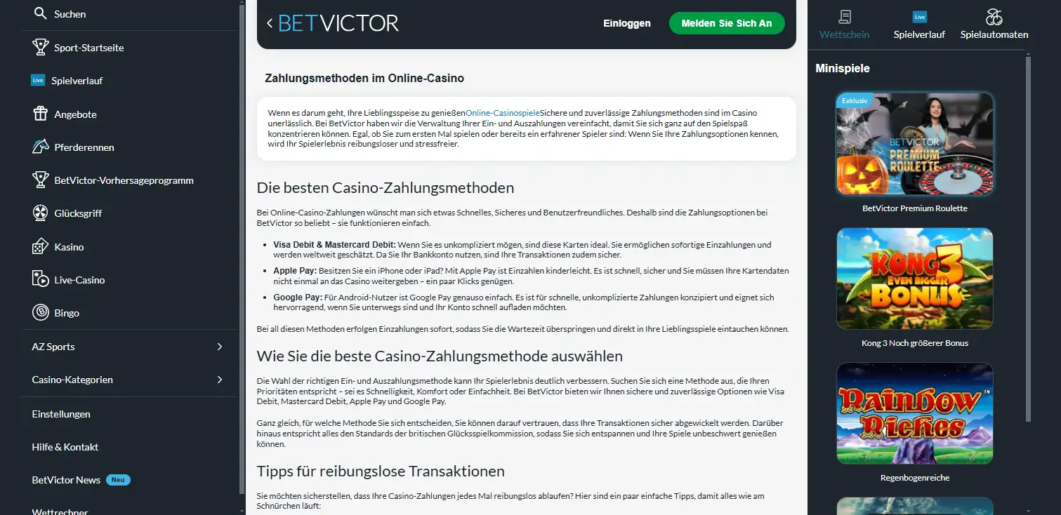 Zahlungsverfahren und Zahlungsmittel auf einer Informationsseite von BetVictor