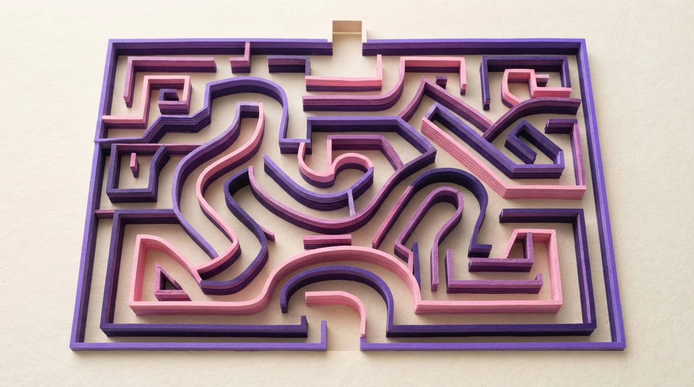 Labyrinth aus verschlungenen Wegen mit einem klar erkennbaren Ausgang
