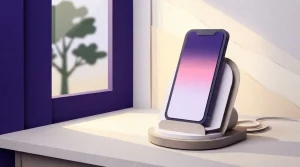 Smartphone auf einer Ladestation am Fenster