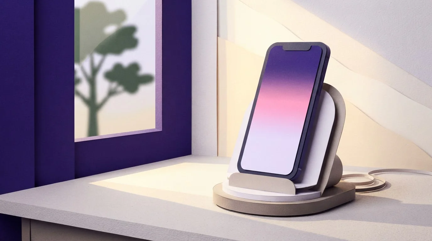 Smartphone auf einer Ladestation am Fenster