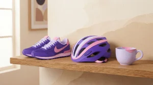 Sportschuhe und Fahrradhelm neben einer Tasse auf einem Regal