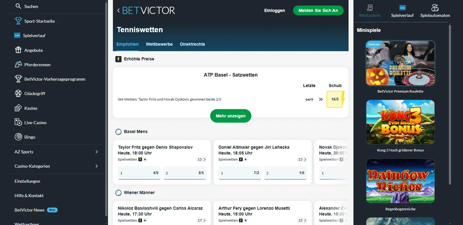 Tennis-Märkte mit Spielausgang und weiteren Quoten im Angebot von BetVictor
