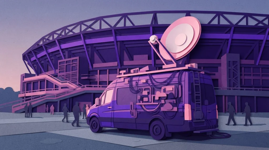 Fernsehübertragungswagen mit Satellitenschüssel an einem Sportstadion