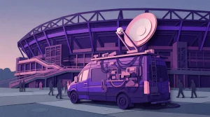Fernsehübertragungswagen mit Satellitenschüssel an einem Sportstadion