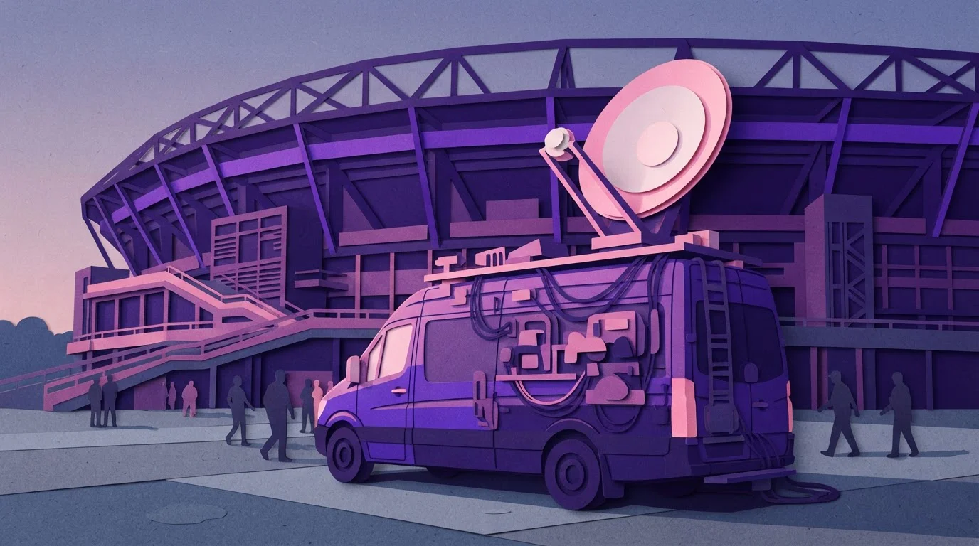 Fernsehübertragungswagen mit Satellitenschüssel an einem Sportstadion